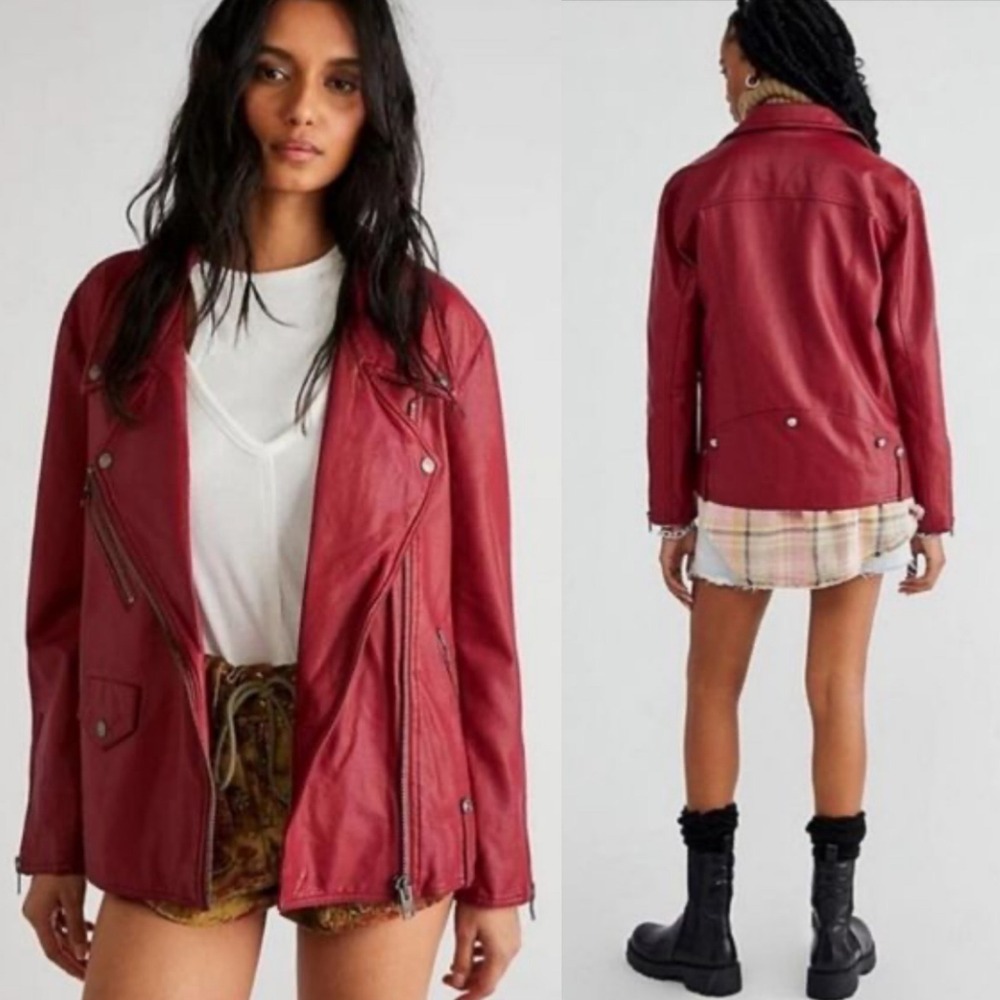 Free People Vegan Leather Jacket Moto Biker Womens Size Large Rhubarb Red Boho